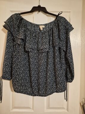 MICHAEL Michael Kors Navy Speckled Off-Shoulder Ruffle Top